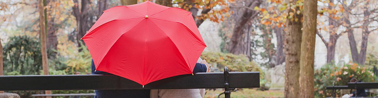 The back view of a couple sitting on a bench holding a red umbrella, surrounded by fallen leaves